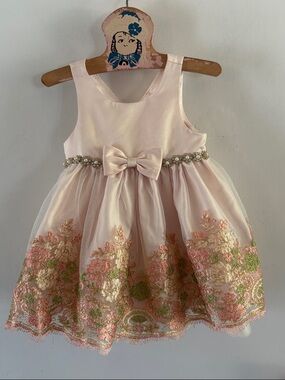 American Princess blush pink satin dress embroidered skirt bling Size 24 mth